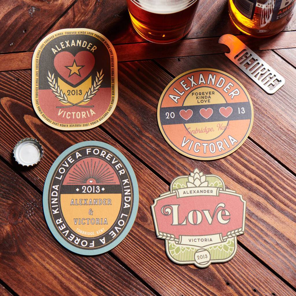 Oakdene Designs Food / Drink Set Of Four Personalised Couples Retro Style Beer Mats Oakdene Designs Food / Drink Set Of Four Personalised Couples Retro Style Beer Mats