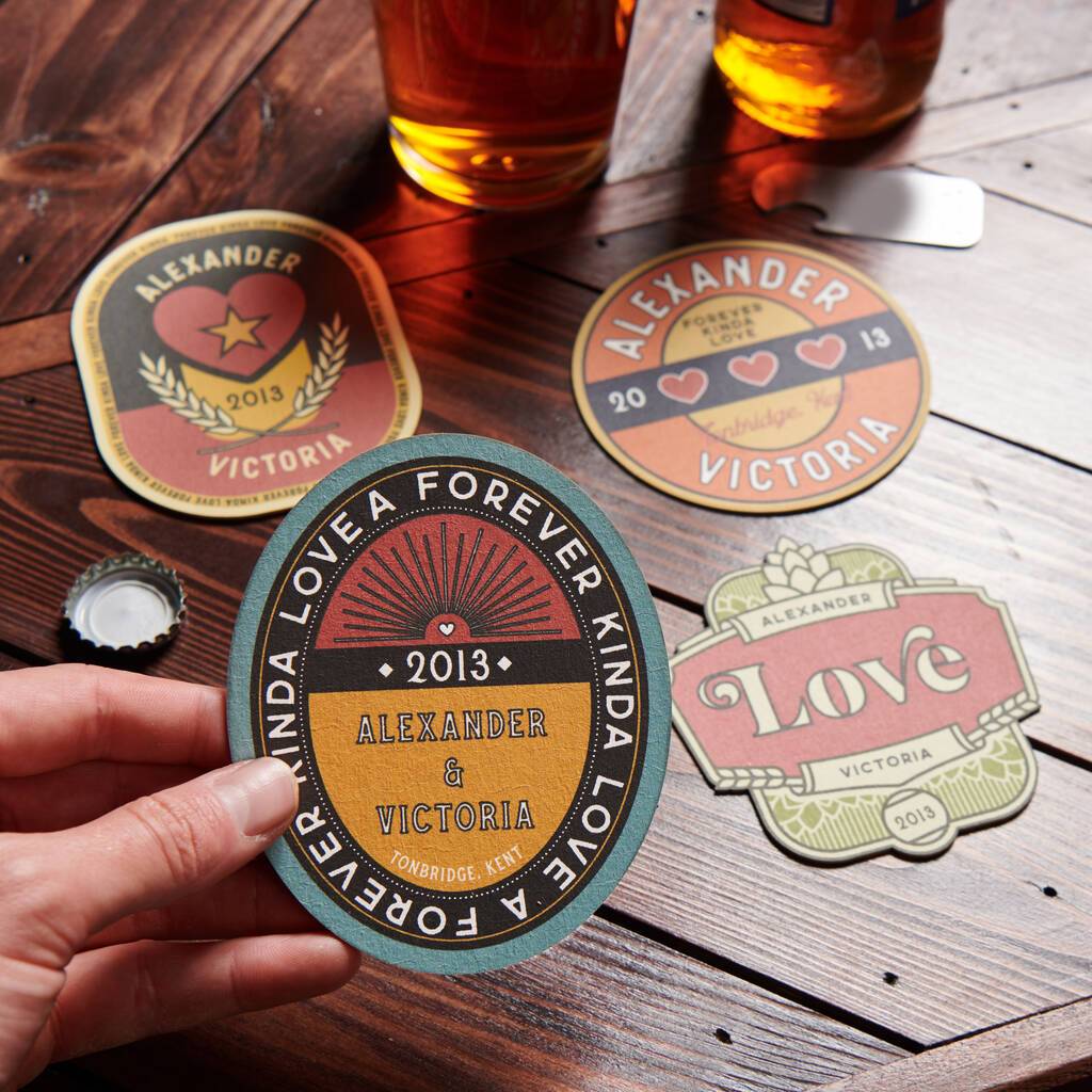 Oakdene Designs Food / Drink Set Of Four Personalised Couples Retro Style Beer Mats Oakdene Designs Food / Drink Set Of Four Personalised Couples Retro Style Beer Mats