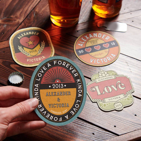 Oakdene Designs Food / Drink Set Of Four Personalised Couples Retro Style Beer Mats Oakdene Designs Food / Drink Set Of Four Personalised Couples Retro Style Beer Mats
