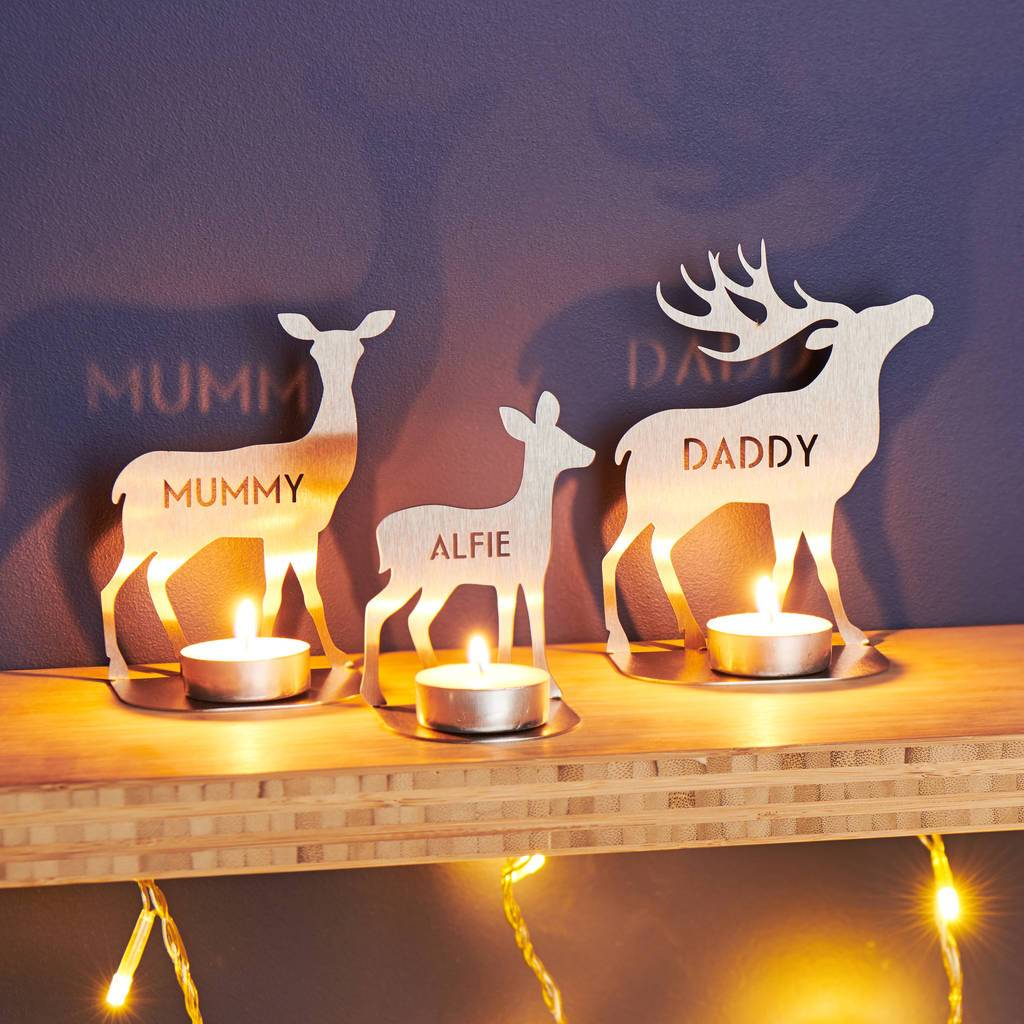 Personalised Metal Family Deer Tea Light Holders oakdenedesigns
