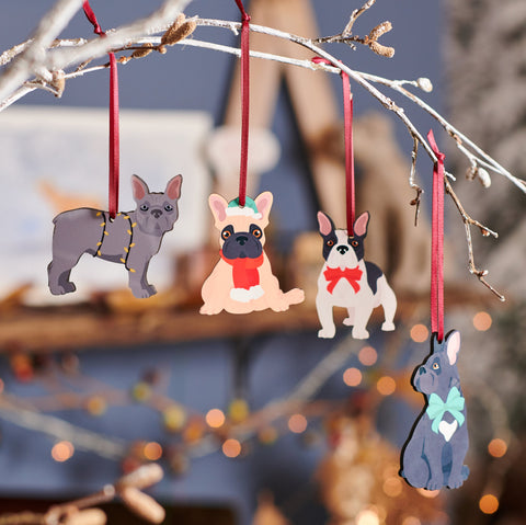 Oakdene Designs Christmas Decorations Frenchie Christmas Decorations - Set of 4 Festive Bulldog Ornaments for Tree - Dog Lover Gift Keepsake