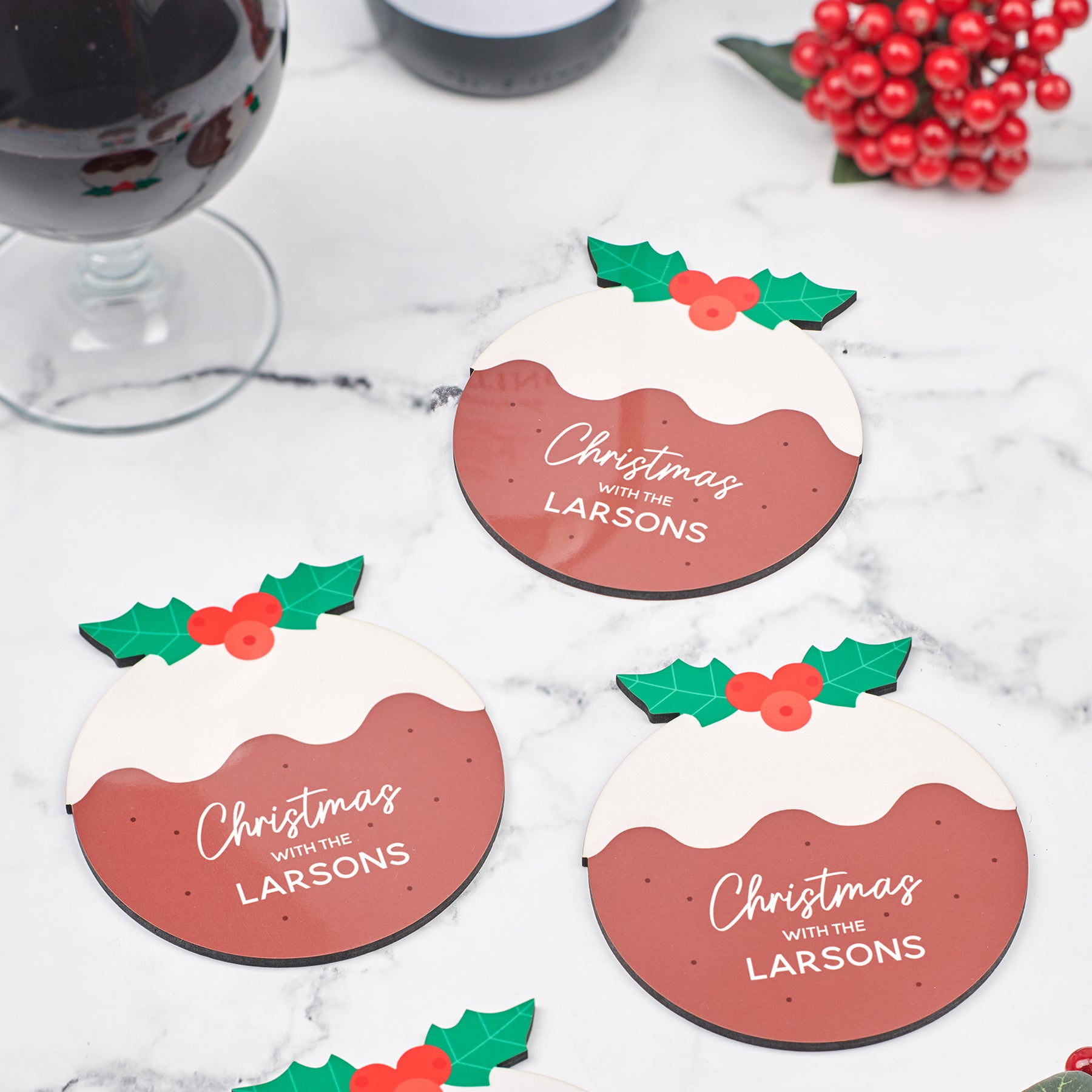 Oakdene Designs Coasters Personalised Set Of Four Wooden Christmas Pudding Coasters