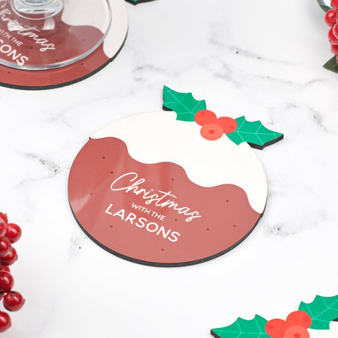 Oakdene Designs Coasters Personalised Set Of Four Wooden Christmas Pudding Coasters
