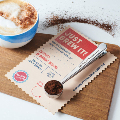 Oakdene Designs Food / Drink Personalised Coffee Scoop and Clip - Engraved Coffee Measuring Spoon - Custom Coffee Lover's Gift - Coffee Bag Clip
