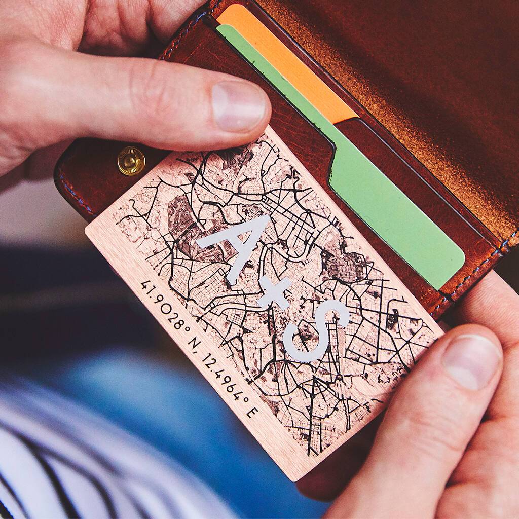 Personalised Copper Special Location Map Wallet Card | oakdenedesigns ...