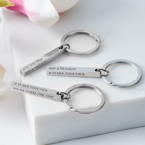 Personalised Couples 11th Steel Anniversary Bar Keyring
