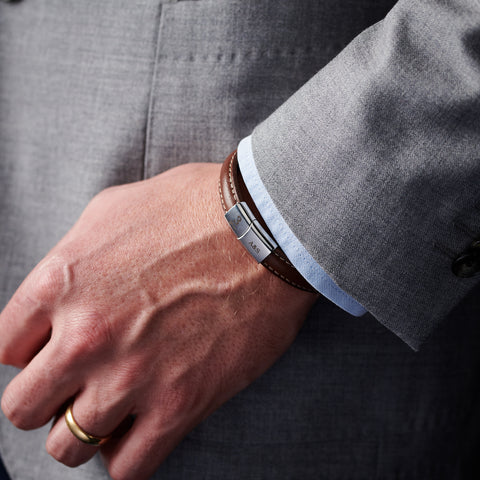 Personalised Men's Three Year Anniversary Leather And Steel Bracelet