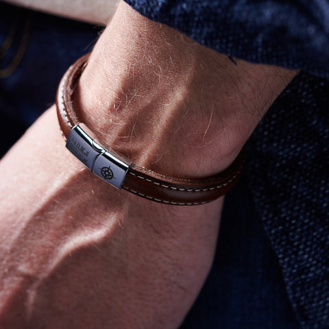 Personalised Men's Coordinates Leather And Steel Bracelet