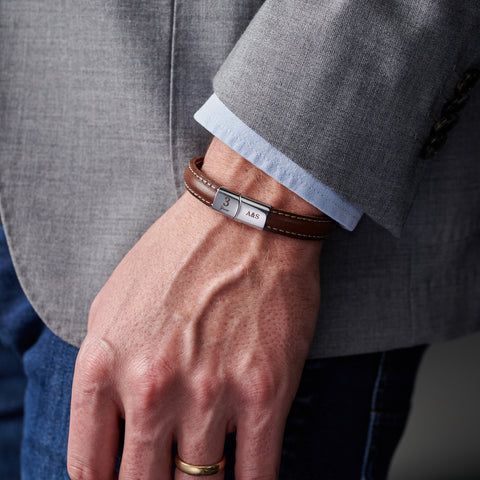 Personalised Men's Three Year Anniversary Leather And Steel Bracelet