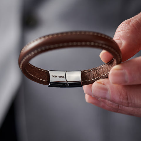 Personalised Men's Three Year Anniversary Steel And Leather Bracelet