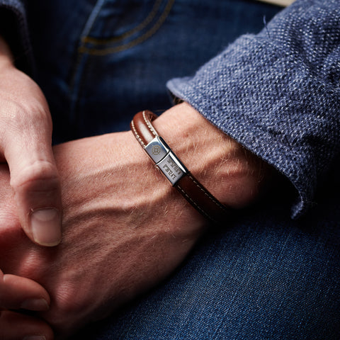 Personalised Men's Coordinates Leather And Steel Bracelet