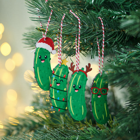 Set of Four Festive Pickle Christmas Tree Decorations