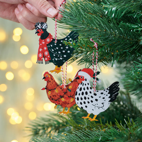 Set Of Three Festive Chicken Christmas Tree Decorations