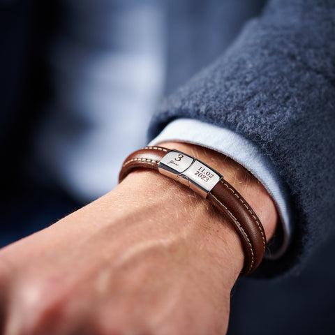 Personalised Men's Three Year Anniversary Steel And Leather Bracelet