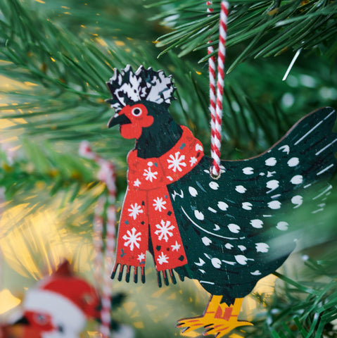 Set Of Three Festive Chicken Christmas Tree Decorations