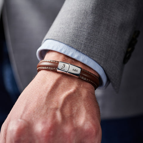 Personalised Men's Three Year Anniversary Leather And Steel Bracelet