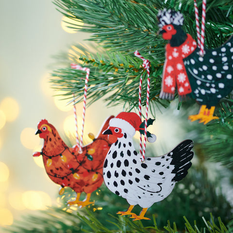 Set Of Three Festive Chicken Christmas Tree Decorations