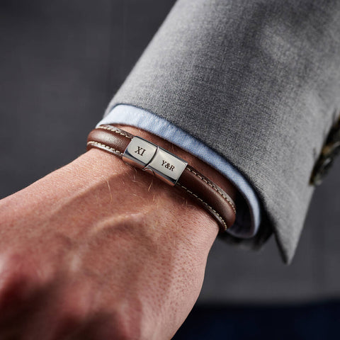 Personalised Anniversary Leather And Steel Men's Bracelet