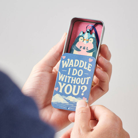 Personalised Couple's Penguin Keepsake In A Tin