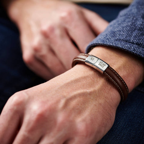 Personalised Men's Anniversary Leather And Steel Bracelet
