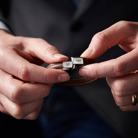 Personalised Men's Eleven Year Anniversary Steel And Leather Bracelet