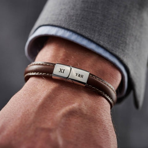 Personalised Men's Eleven Year Anniversary Steel And Leather Bracelet