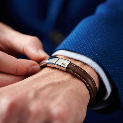 Personalised Men's Monogram Leather And Steel Bracelet