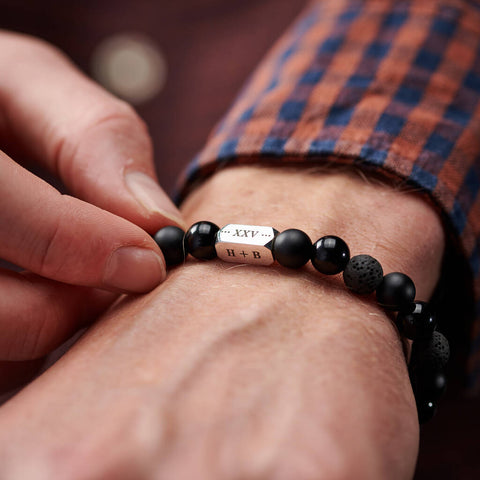 Personalised Men's Sterling Silver & Black Onyx Bead Roman Numeral Bracelet