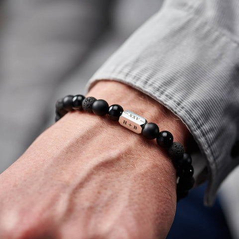 Personalised Men's Sterling Silver & Black Onyx Bead Roman Numeral Bracelet