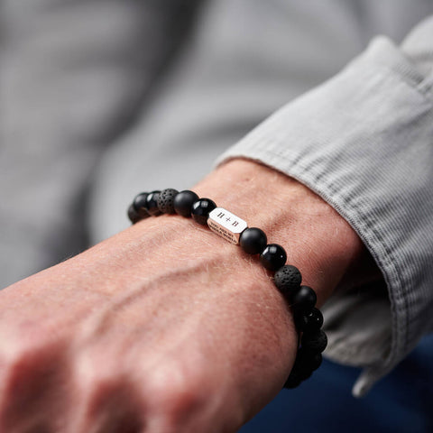 Personalised Men's Sterling Silver & Black Onyx Bead Roman Numeral Bracelet