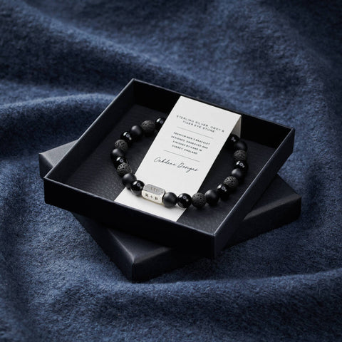 Personalised Men's Sterling Silver & Black Onyx Bead Roman Numeral Bracelet