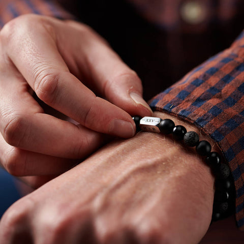 Personalised Men's Sterling Silver & Black Onyx Bead Roman Numeral Bracelet
