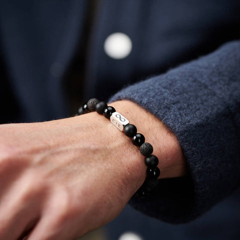 Personalised Men's Sterling Silver & Black Onyx Bead Infinity Bracelet