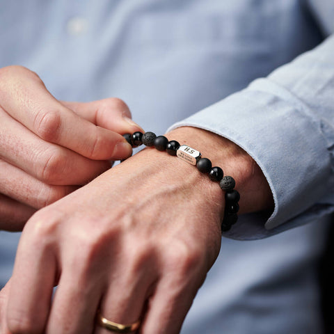 Personalised Men's Sterling Silver And Black Onyx Bead Monogram Bracelet