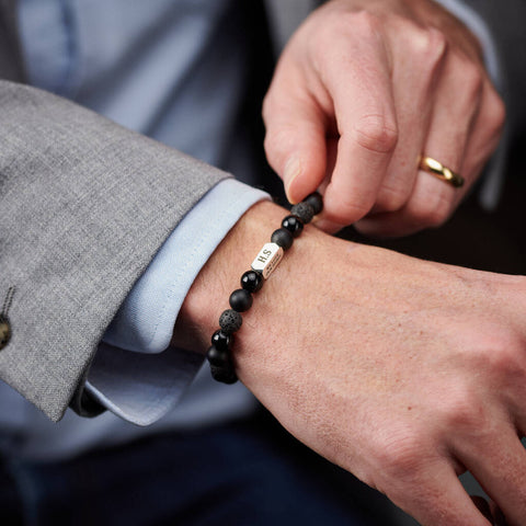 Personalised Men's Sterling Silver And Black Onyx Bead Monogram Bracelet