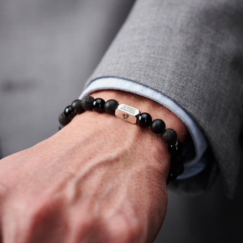 Personalised Men's Sterling Silver And Black Onyx Bead New Baby Bracelet