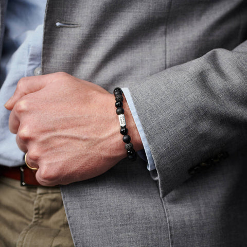 Personalised Men's Sterling Silver And Black Onyx Bead New Baby Bracelet