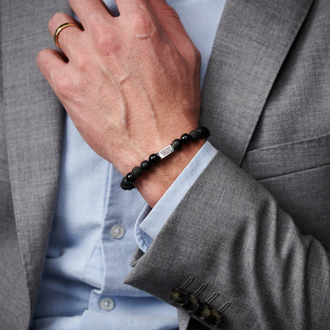 Personalised Men's Sterling Silver And Black Onyx Bead New Baby Bracelet