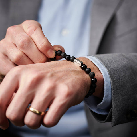 Personalised Men's Sterling Silver And Black Onyx Bead New Baby Bracelet