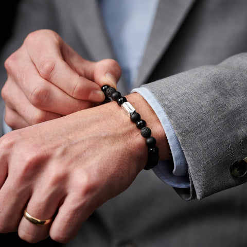 Personalised Men's Sterling Silver And Black Onyx Bead Numeral Date Bracelet