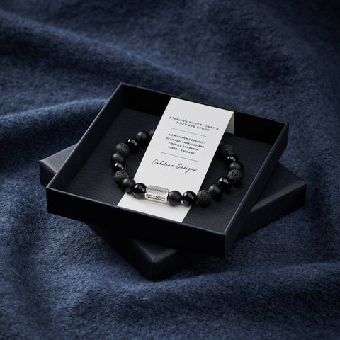 Personalised Men's Sterling Silver And Black Onyx Bead Numeral Date Bracelet