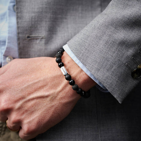 Personalised Men's Sterling Silver And Black Onyx Bead Numeral Date Bracelet