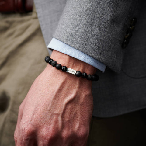 Personalised Men's Sterling Silver And Black Onyx Bead Numeral Date Bracelet