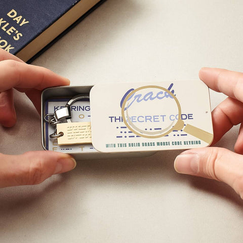 Personalised Morse Code Brass Keyring And Decoder In A Tin