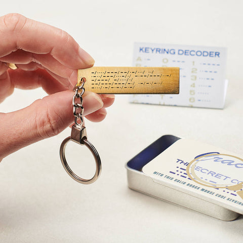 Personalised Morse Code Brass Keyring And Decoder In A Tin