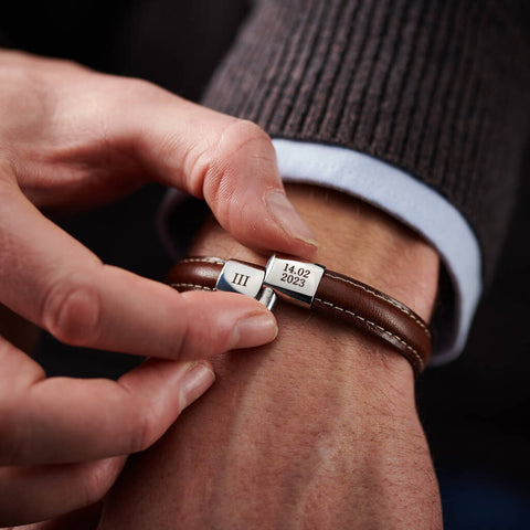 Personalised Three Year Anniversary Men's Leather And Steel Bracelet