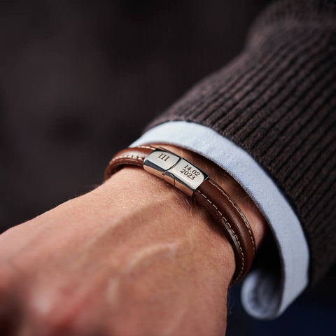 Personalised Three Year Anniversary Men's Leather And Steel Bracelet