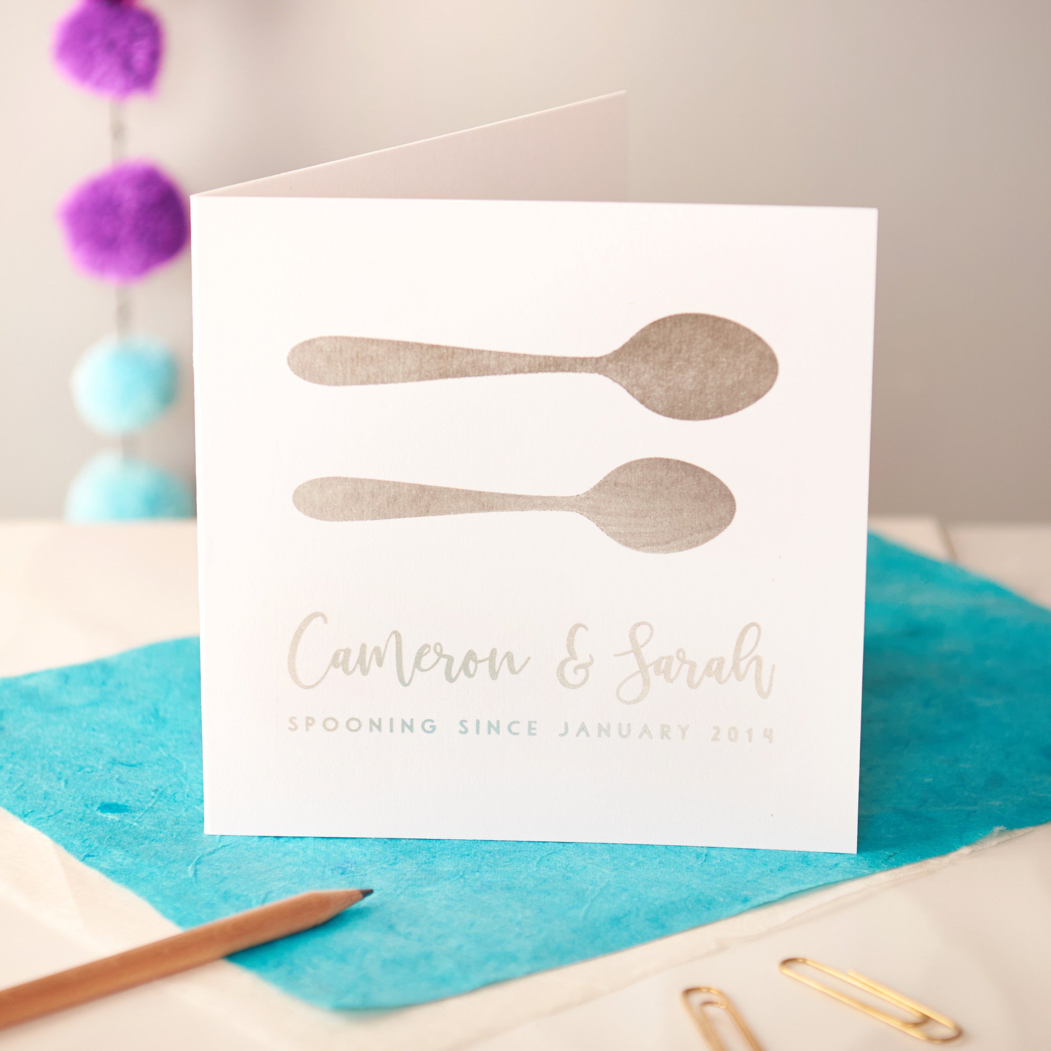 Oakdene Designs Cards Personalised Spooning Silver Foiled Couples Card