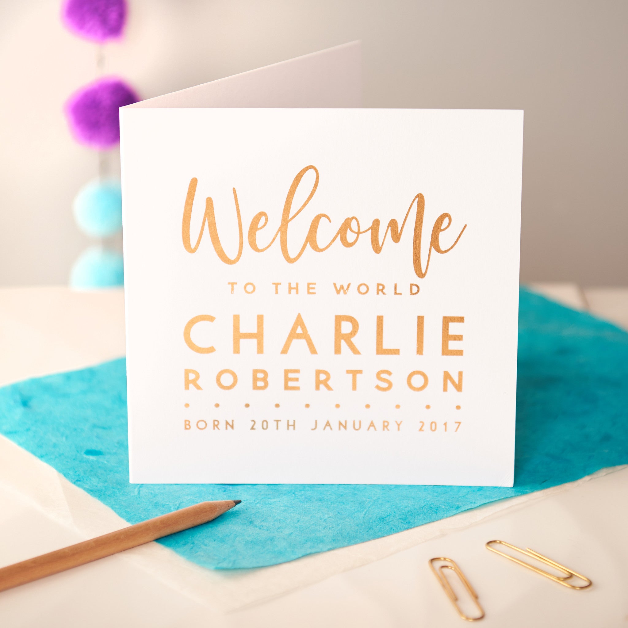 Oakdene Designs Cards Personalised 'Welcome' Copper Foiled New Baby Card