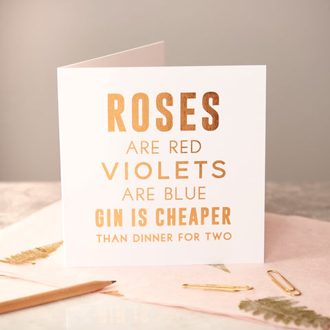 Oakdene Designs Cards Valentines Copper Foiled 'Roses Are Red Gin' Card